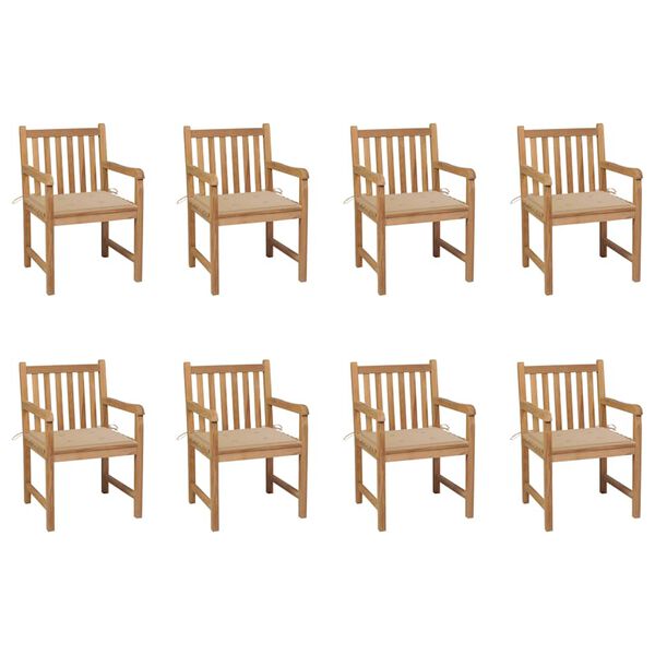 vidaXL Chaises de jardin lot de 8 avec coussins beige Bois teck massif