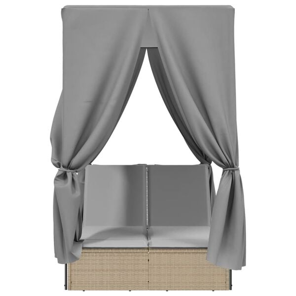 vidaXL Chaise longue double avec toit et rideaux beige r&eacute;sine tress&eacute;e