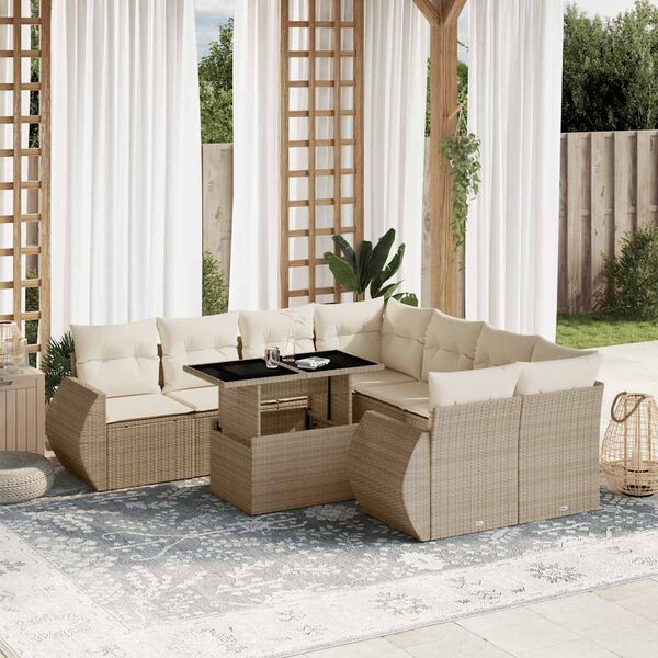 vidaXL Salon de jardin avec coussins 9 pcs beige r&eacute;sine tress&eacute;e