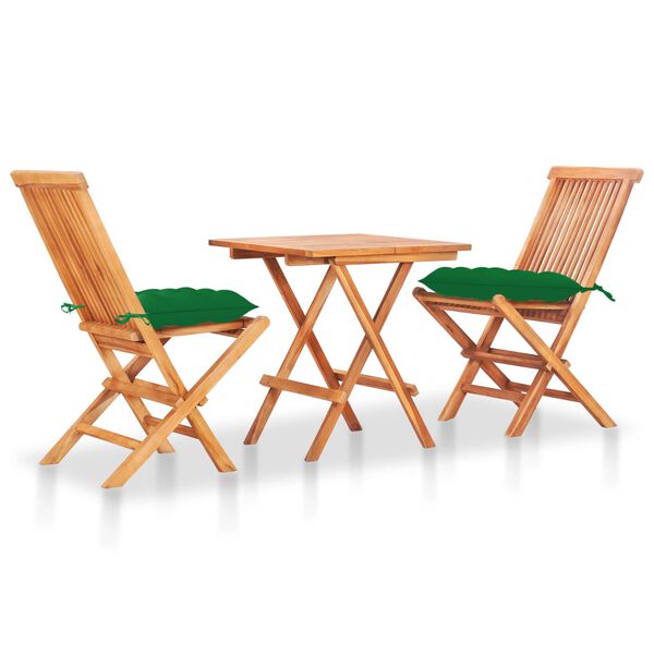 vidaXL Ensemble de bistro 3 pcs avec coussins vert Bois de teck massif