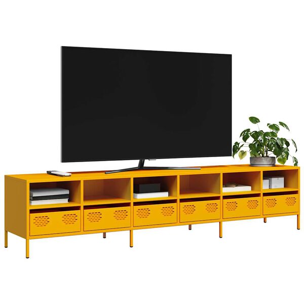 vidaXL Meuble TV jaune moutarde 202x39x43,5 cm acier lamin&eacute; &agrave; froid