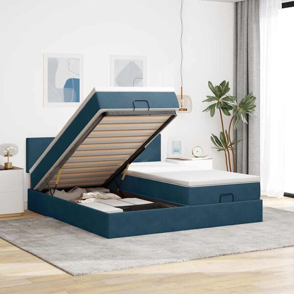 vidaXL Cadre de lit ottoman avec matelas bleu fonc&eacute; 200x200 cm velours