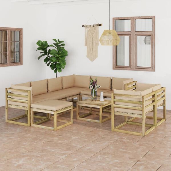 vidaXL Salon de jardin 10 pcs avec coussins bois de pin impr&eacute;gn&eacute;