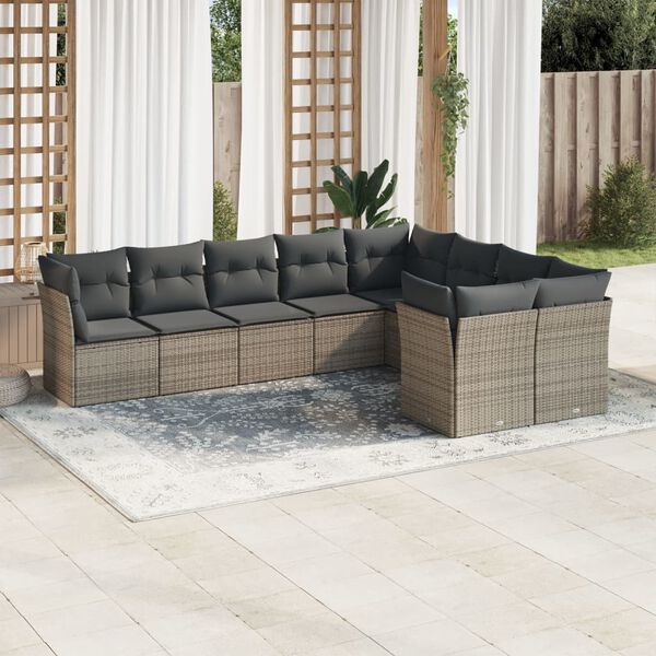vidaXL Salon de jardin 9 pcs avec coussins gris r&eacute;sine tress&eacute;e