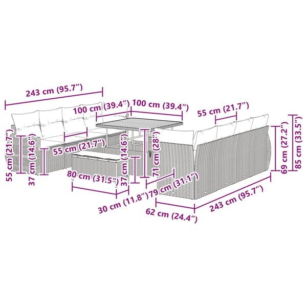 vidaXL Ensemble de canap&eacute; de jardin 11 pcs Noir Poly rotin
