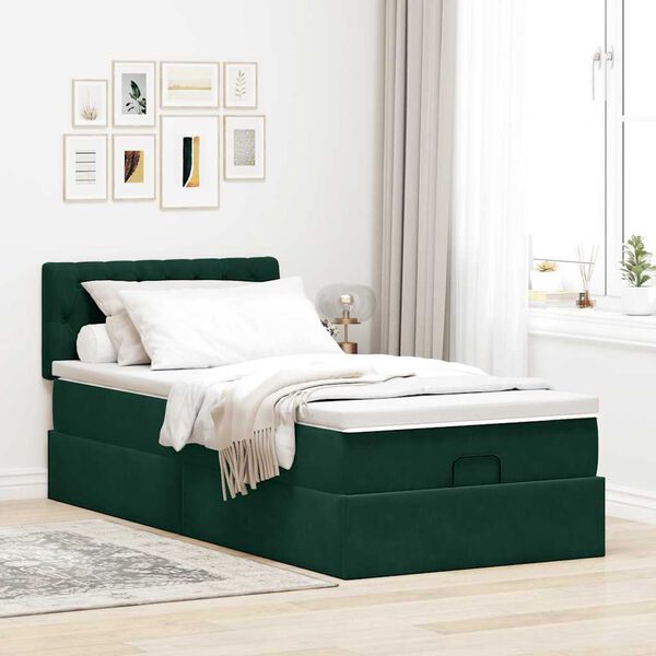 vidaXL Lit ottoman avec matelas et LED Vert fonc&eacute; 90x200cm velours