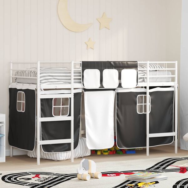 vidaXL Cadre de Lit Mezzanine pour Enfants avec Rideaux Blanc et Noir