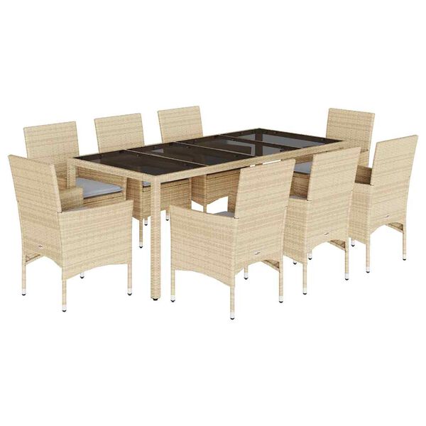 vidaXL Ensemble &agrave; manger de jardin et coussins 9 pcs beige rotin verre