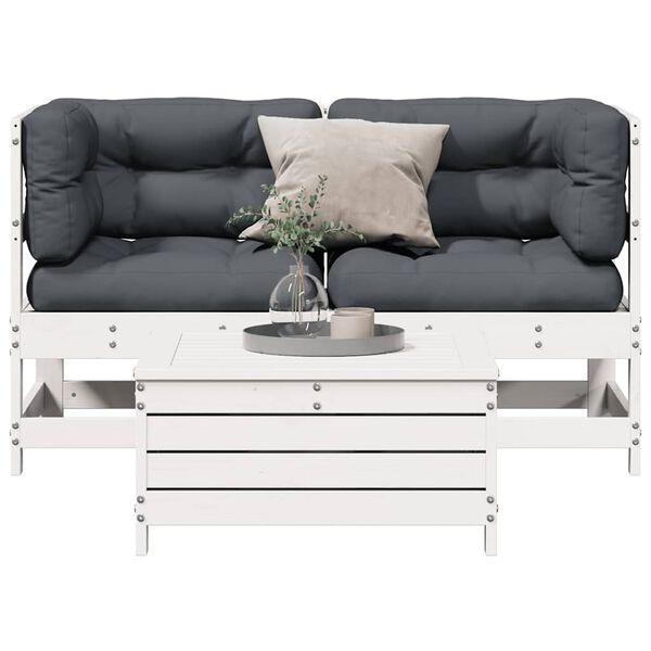 vidaXL Salon de jardin 3 pcs avec coussins blanc bois de pin massif