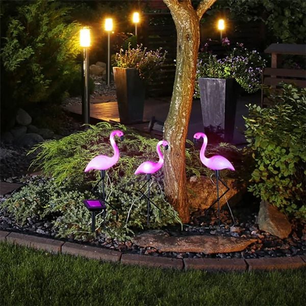 HI Pieu de jardin solaire à LED Flamant rose 3 pcs