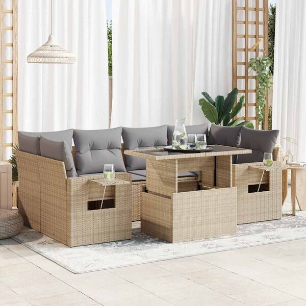 vidaXL Salon de jardin avec coussins 7 pcs beige r&eacute;sine tress&eacute;e