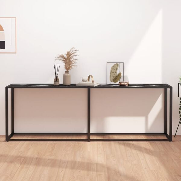 vidaXL Table console Marbre noir 220x35x75,5 cm Verre tremp&eacute;