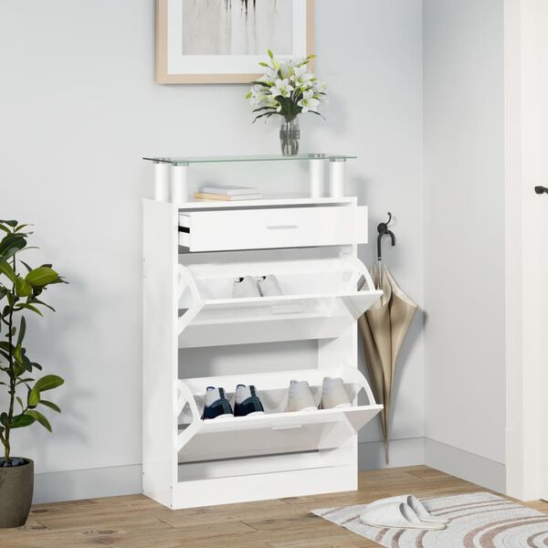 vidaXL Armoire &agrave; chaussure Blanc brillant 63x24x104 cm Bois ing&eacute;nierie