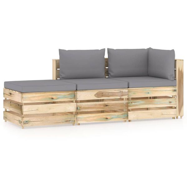vidaXL Salon de jardin 3 pcs avec coussins Bois impr&eacute;gn&eacute; de vert