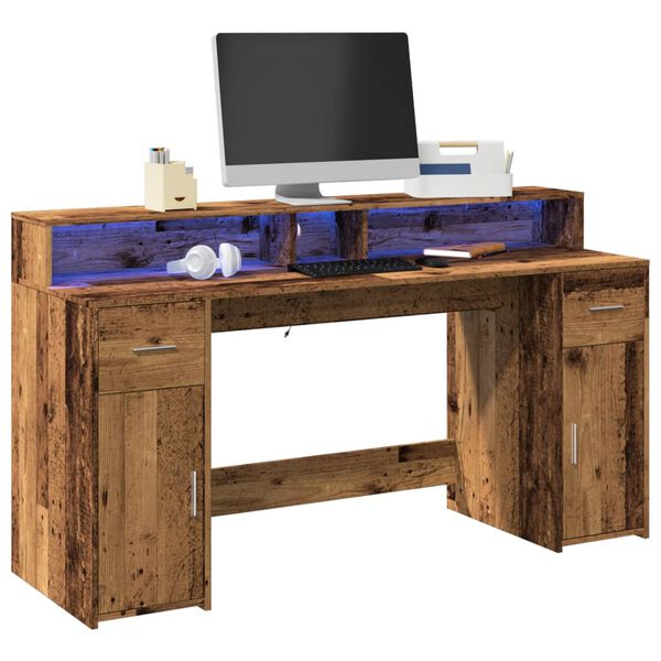 vidaXL Bureau avec lumi&egrave;res LED vieux bois bois d'ing&eacute;nierie