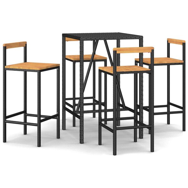 vidaXL Ensemble de bar jardin 5 pcs noir poly rotin/bois massif acacia