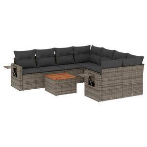 vidaXL Salon de jardin 9 pcs avec coussins gris r&eacute;sine tress&eacute;e