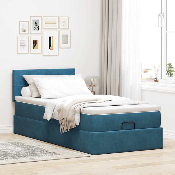 vidaXL Cadre de lit ottoman avec matelas bleu foncé 100x200 cm velours