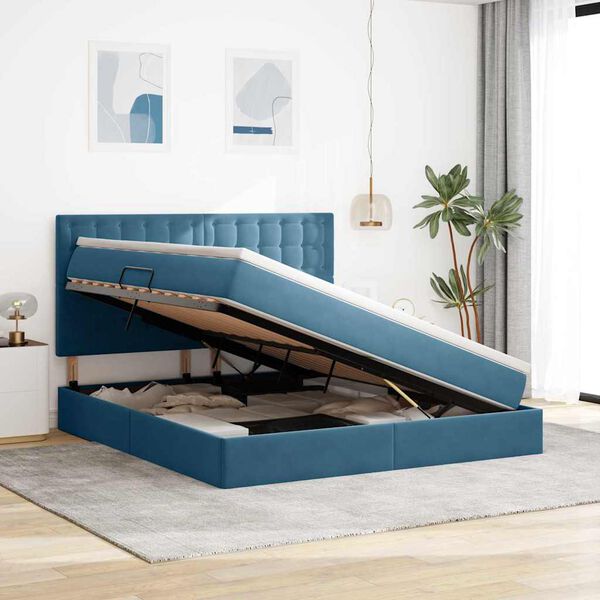 vidaXL Lit avec rangement et matelas Bleu fonc&eacute; 160 x 200 cm Velours