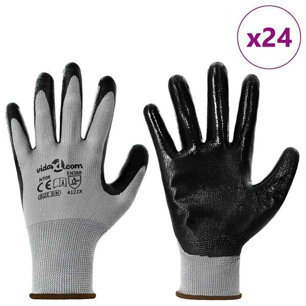 vidaXL Gants de Travail 24 pcs Gris et Noir 8 / m Polyester