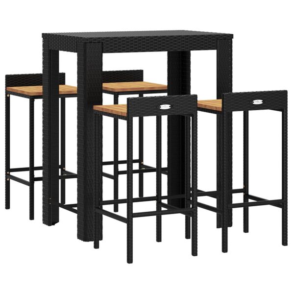 vidaXL Ensemble de bar jardin 5 pcs noir poly rotin/bois massif acacia