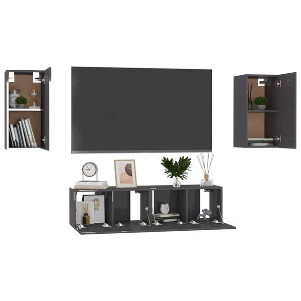 vidaXL Ensemble de meuble TV 4 pcs Gris brillant Bois d'ing&eacute;nierie