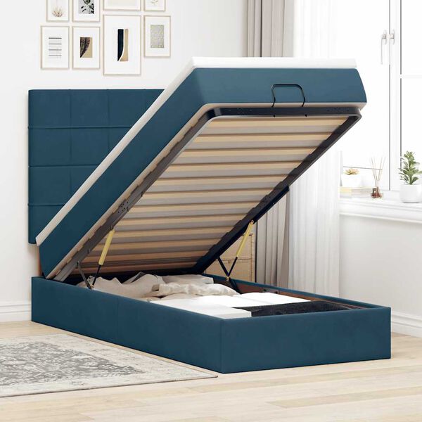 vidaXL Cadre de lit ottoman avec matelas bleu fonc&eacute; 90x190 cm velours