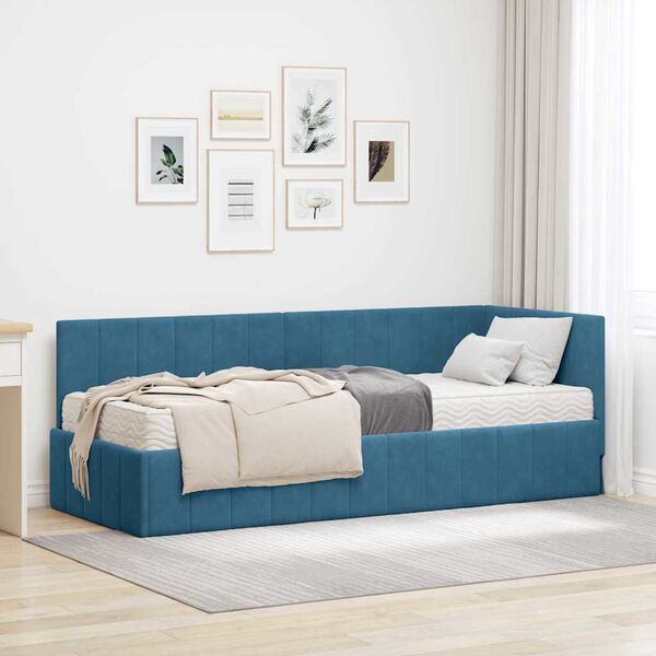 vidaXL Cadre de lit d'angle avec matelas Bleu 80 x 200 cm Velours
