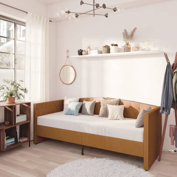 vidaXL Lit avec matelas et USB Marron Velours 90x200 cm