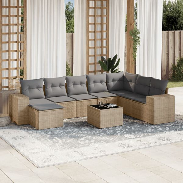 vidaXL Salon de jardin avec coussins 9 pcs beige r&eacute;sine tress&eacute;e
