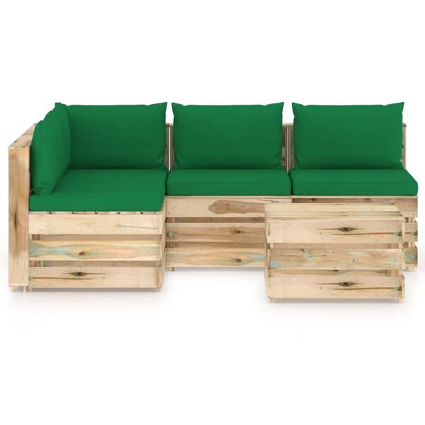 vidaXL Salon de jardin 5 pcs avec coussins Bois impr&eacute;gn&eacute; de vert