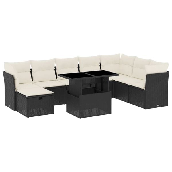 vidaXL Salon de jardin 9 pcs avec coussins noir r&eacute;sine tress&eacute;e