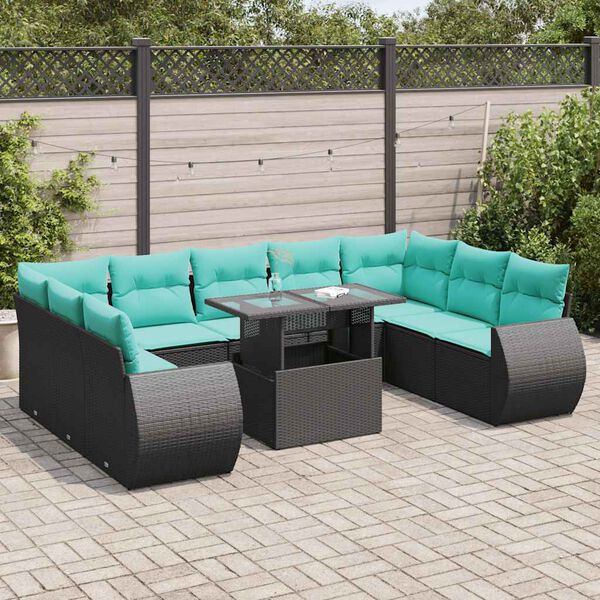 vidaXL Salon de jardin 10 pcs avec coussins noir r&eacute;sine tress&eacute;e acacia