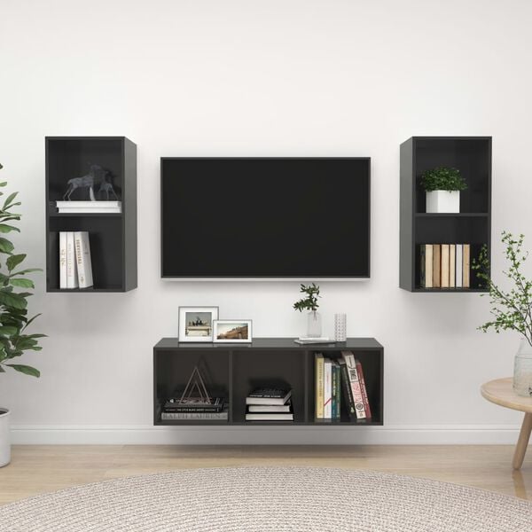 vidaXL Ensemble de meubles TV 3 pcs Gris brillant Bois d'ing&eacute;nierie