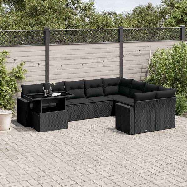vidaXL Salon de jardin 10 pcs avec coussins noir r&eacute;sine tress&eacute;e