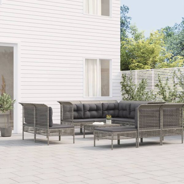 vidaXL Salon de jardin 10 pcs avec coussins Gris R&eacute;sine tress&eacute;e