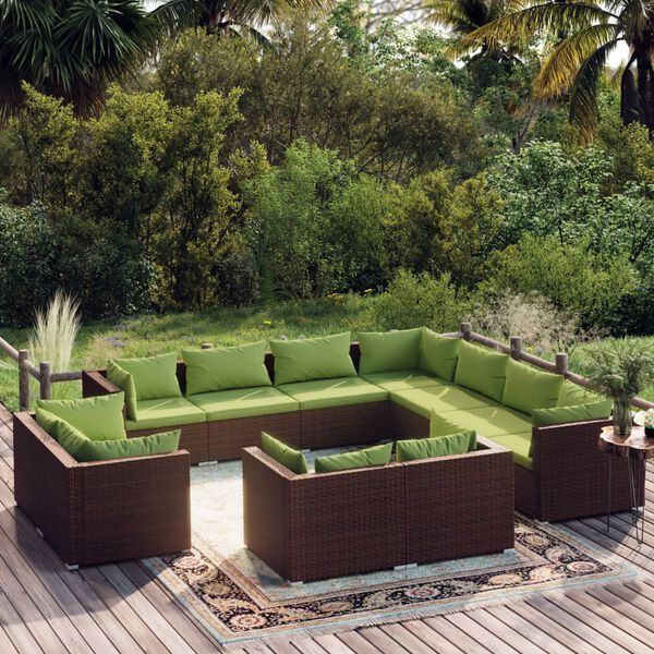 vidaXL Salon de jardin 11 pcs avec coussins Marron R&eacute;sine tress&eacute;e