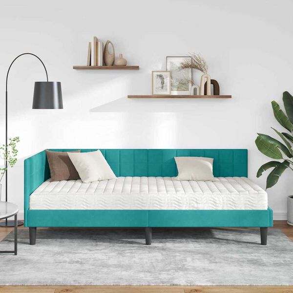 vidaXL Cadre de lit d'angle avec matelas Turquoise 90 x 190 cm Velours