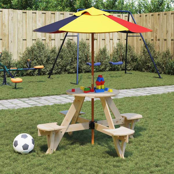 vidaXL Table de pique-nique pour 4 enfants avec parasol rond sapin