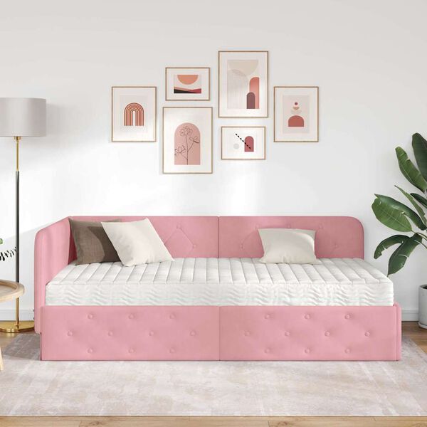 vidaXL Cadre de lit d'angle avec matelas Rose 90 x 190 cm Velours