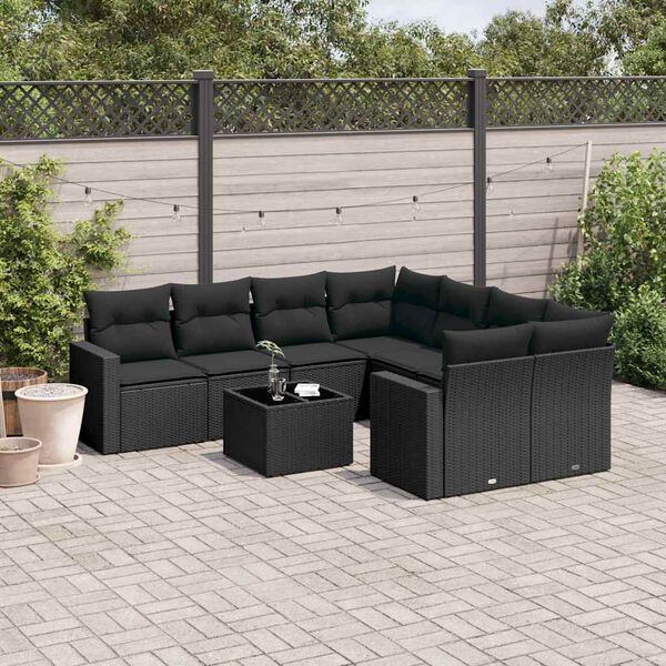 vidaXL Salon de jardin 9 pcs avec coussins noir r&eacute;sine tress&eacute;e