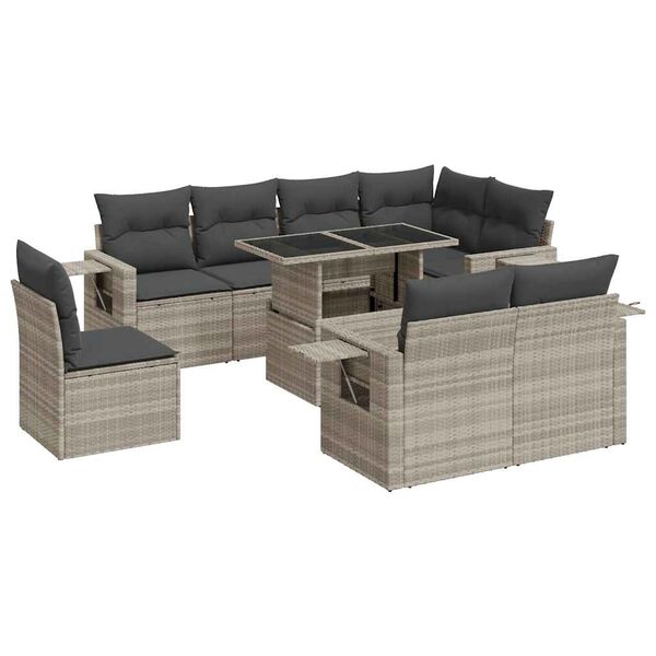 vidaXL Salon de jardin 9 pcs avec coussins gris clair r&eacute;sine tress&eacute;e