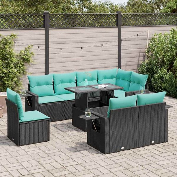 vidaXL Salon de jardin avec coussins 9 pcs noir r&eacute;sine tress&eacute;e acacia