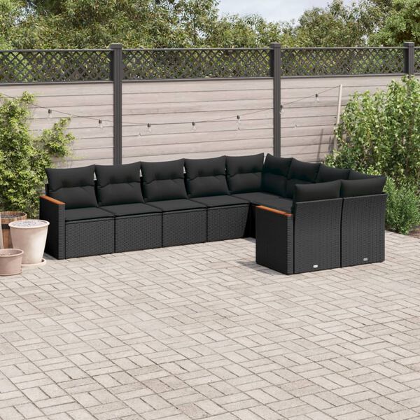 vidaXL Salon de jardin 9 pcs avec coussins noir r&eacute;sine tress&eacute;e