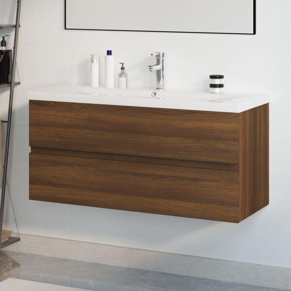 vidaXL Meuble lavabo avec bassin int&eacute;gr&eacute; Ch&ecirc;ne brun Bois d'ing&eacute;nierie