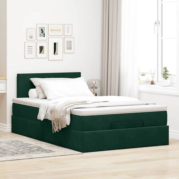 vidaXL Lit ottoman avec matelas et LED vert fonc&eacute; 90x200cm velours
