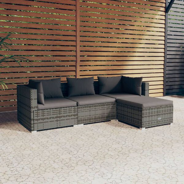 vidaXL Salon de jardin 4 pcs avec coussins Résine tressée Gris