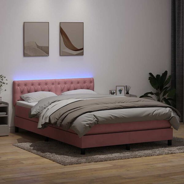 vidaXL Sommier &agrave; lattes de lit avec matelas et LED rose 140x210 cm velours