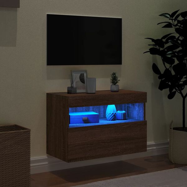 vidaXL Meuble TV mural avec lumi&egrave;res LED ch&ecirc;ne marron 60x30x40 cm
