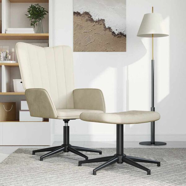 vidaXL Chaise de relaxation avec tabouret Blanc cr&egrave;me Velours